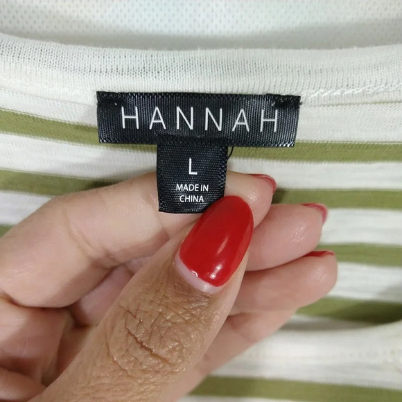 Hannah Jersey Knit Top T-Shirt Women Size L Green Stripe with Lace Sleeve - Picture 5 of 6